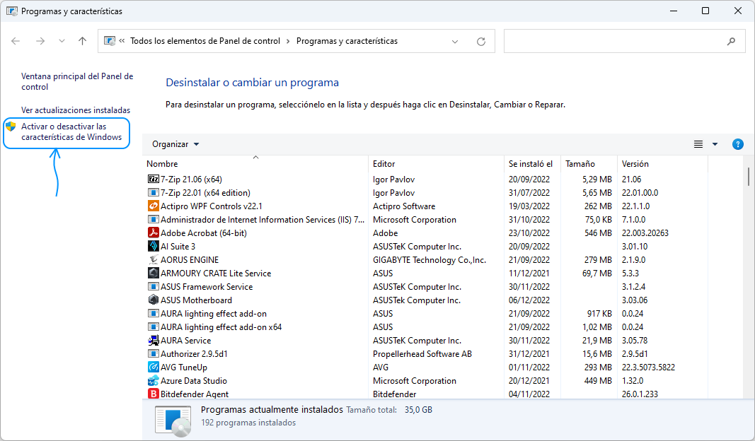 Activar Hyper-V - Programas y características