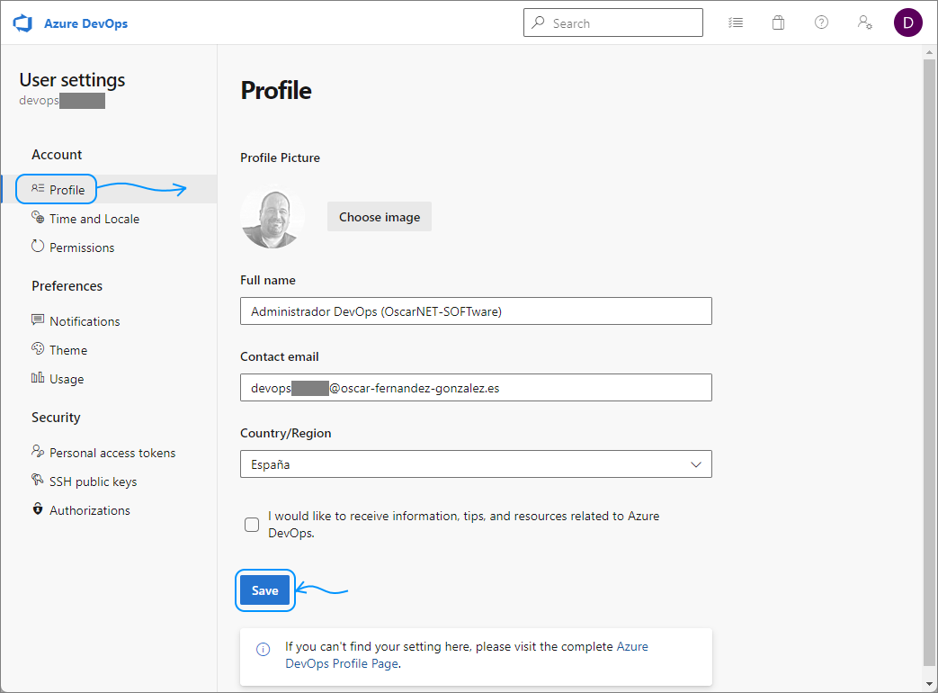 Azure DevOps configurar perfil 2