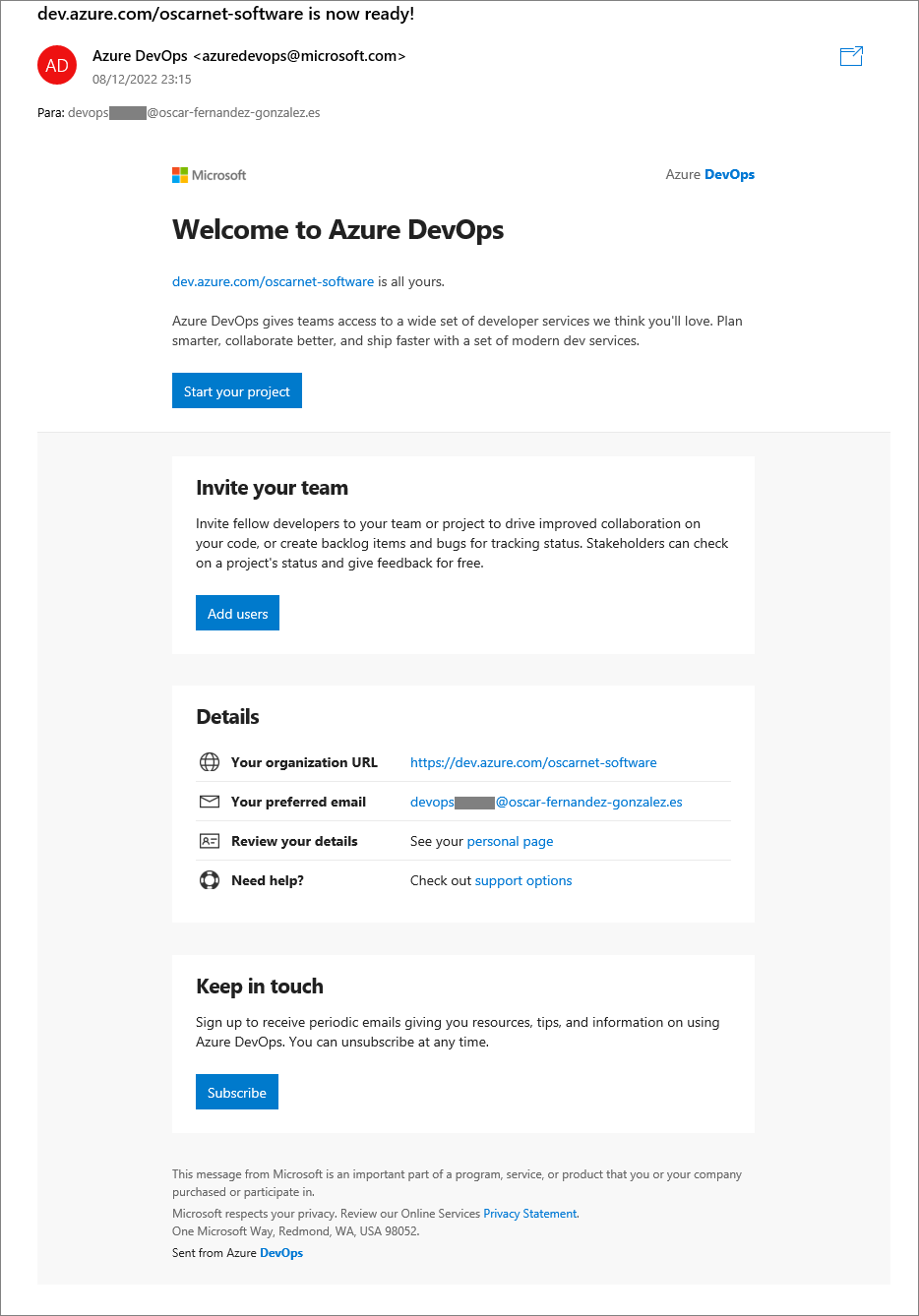 Azure DevOps email de bienvenida