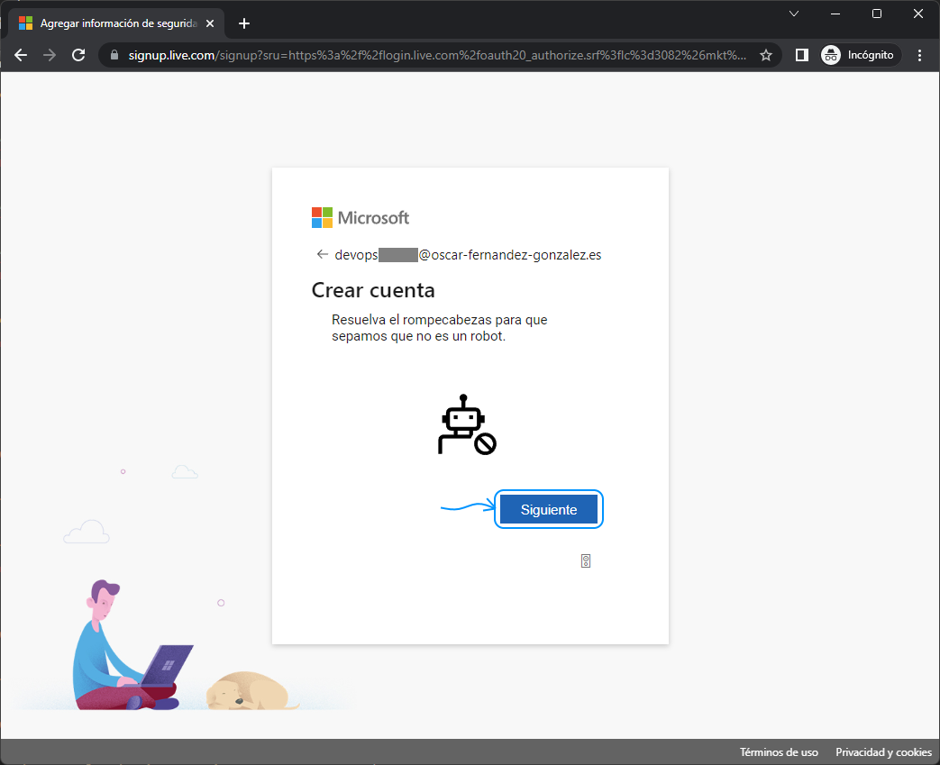 Azure DevOps plan básico gratis: crear cuenta comprobación que no soy robot 1
