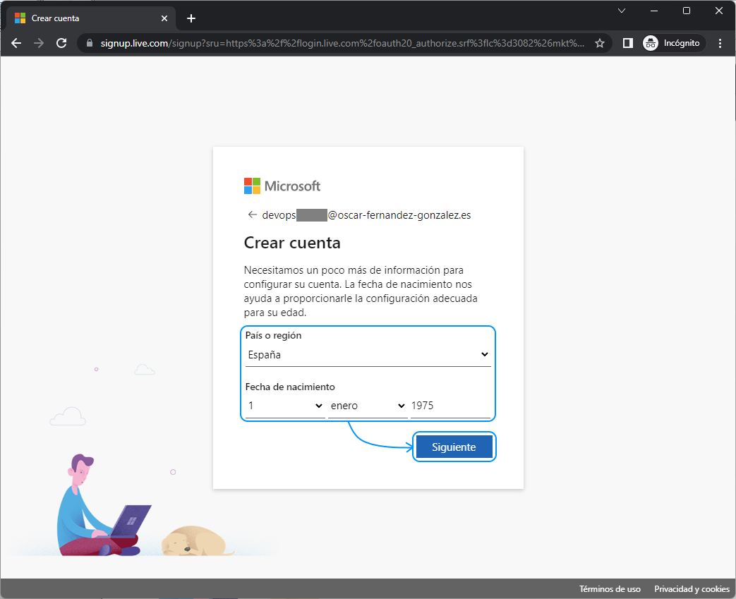Azure DevOps plan básico gratis: crear cuenta país fecha nacimiento