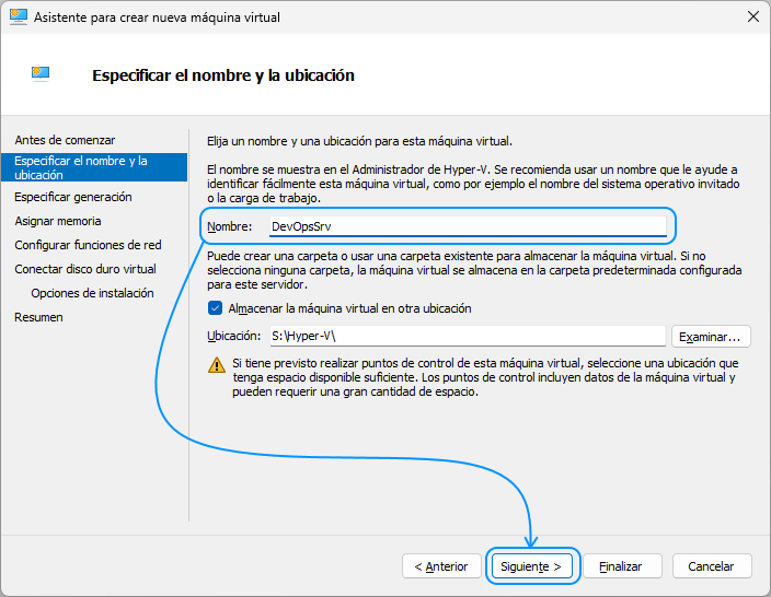 003 Hyper-V - Crear máquina virtual - Especificar nombre y ubicación