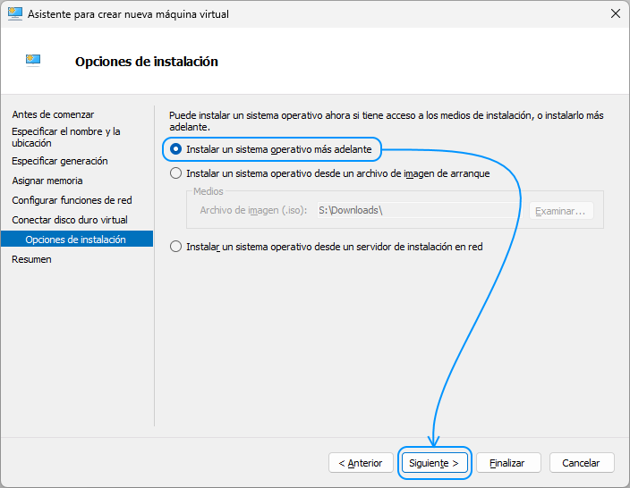 008 Hyper-V - Crear máquina virtual - Opciones de instalación