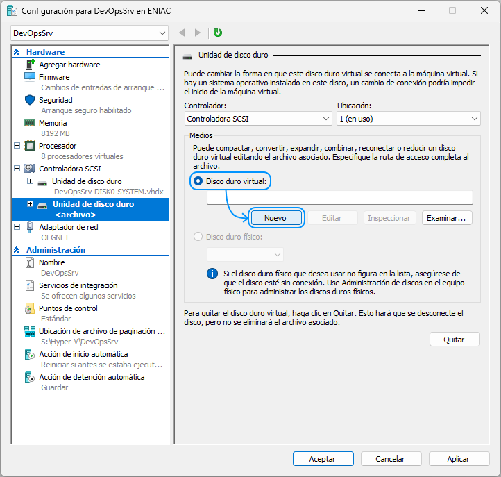 012 Hyper-V - Crear disco virtual para almacenar los programas - Nuevo