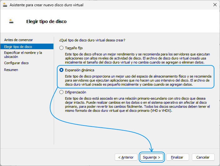 014 Hyper-V - Crear disco virtual para almacenar los programas - Elegir tipo de disco