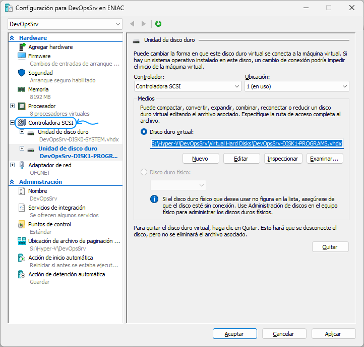 018 Hyper-V - Crear disco virtual para almacenar los temporales