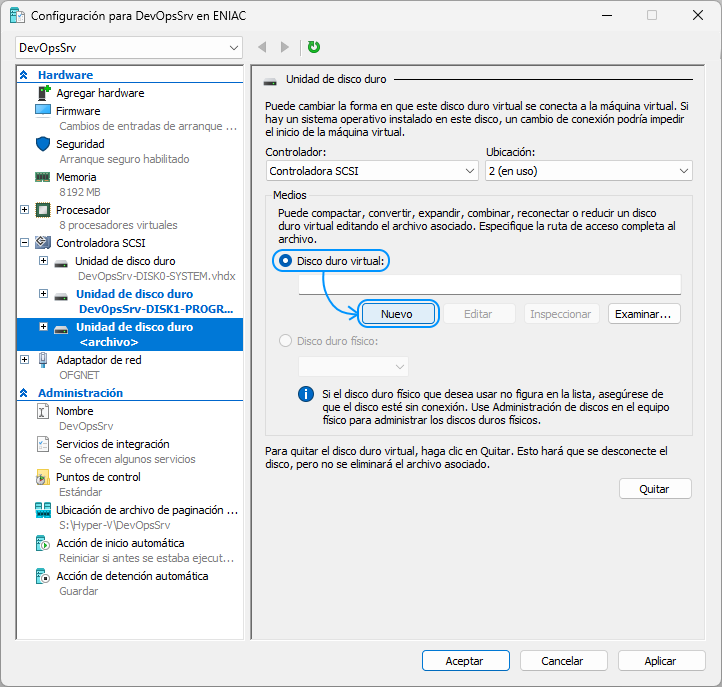 020 Hyper-V - Crear disco virtual para almacenar los temporales - Nuevo
