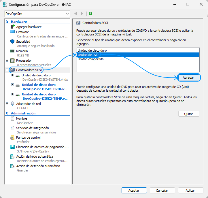 027 Hyper-V - Crear unidad de DVD-ROM virtual para instalar ISO de Windows Server 2022 Standard Evaluation - Agregar
