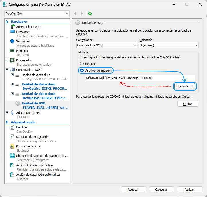 028 Hyper-V - Crear unidad de DVD-ROM virtual para instalar ISO de Windows Server 2022 Standard Evaluation - Examinar