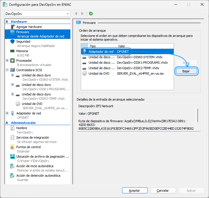 031 Hyper-V - Crear unidad de DVD-ROM virtual para instalar ISO de Windows Server 2022 Standard Evaluation - Firmware - Bajar adaptador de red