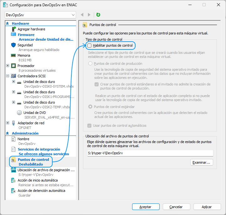 034 Hyper-V - Otras configuraciones - Puntos de control
