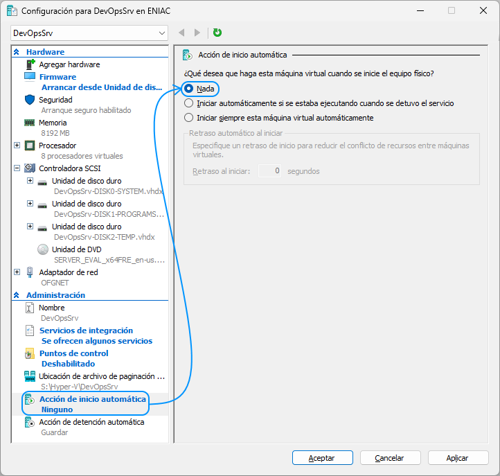 035 Hyper-V - Otras configuraciones - Acción de inicio automática