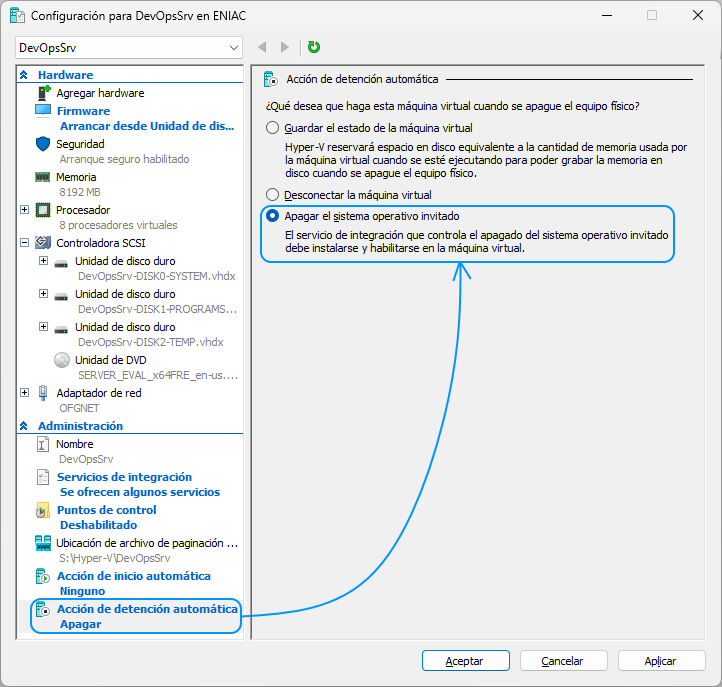 036 Hyper-V - Otras configuraciones - Acción de detención automática
