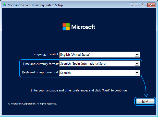 041 Instalación Windows Server 2022 Standard Evaluation - Keyboard or input method: Spanish