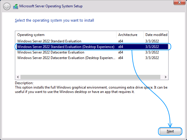 043 Instalación Windows Server 2022 Standard Evaluation - Select the operating system you want to install