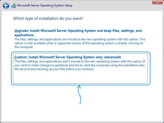 045 Instalación Windows Server 2022 Standard Evaluation - Which type of installation do you want? Custom