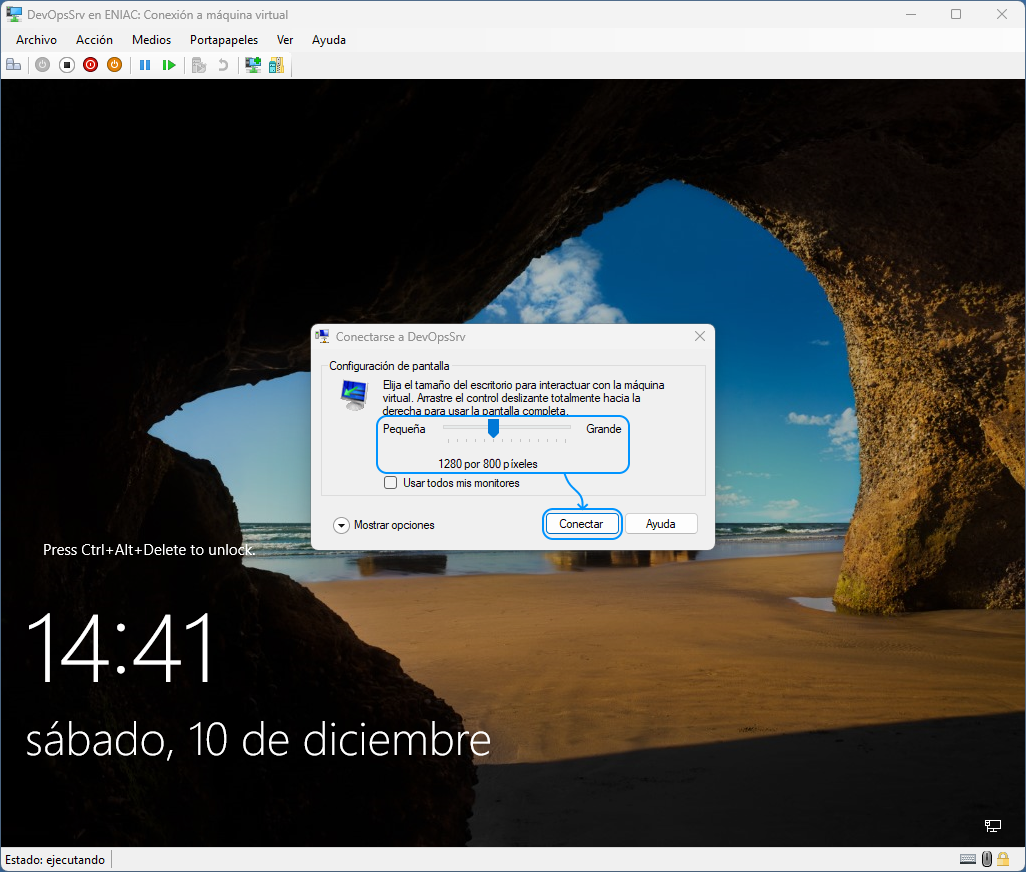 050 Instalación Windows Server 2022 Standard Evaluation - Hyper-V: Conectarse (Configuración de pantalla)