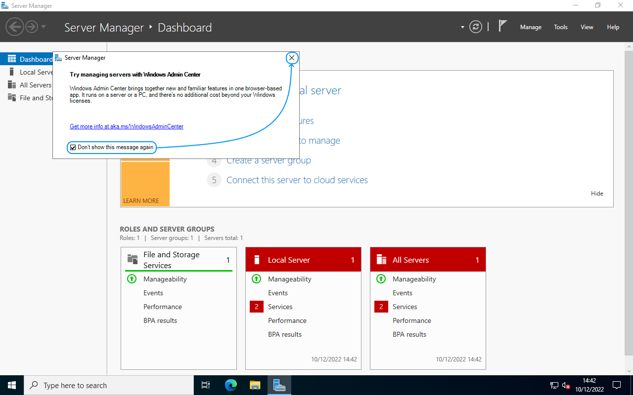 053 Configurar Windows Server 2022 Standard Evaluation - Server Manager - Hide Message: Try managing servers with Windows Admin Center