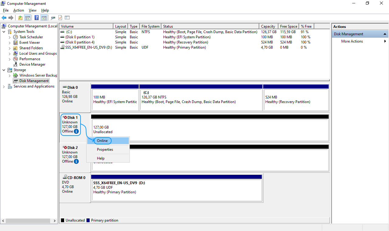 058 Configurar Windows Server 2022 Standard Evaluation - Disk Management - Set online Disk 1