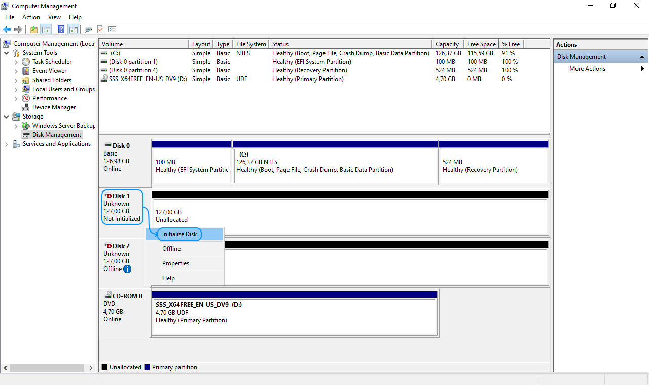059 Configurar Windows Server 2022 Standard Evaluation - Disk Management - Initialize Disk 1