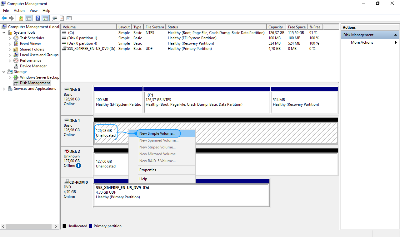 061 Configurar Windows Server 2022 Standard Evaluation - Disk Management - Disk 1 - New Simple Volume