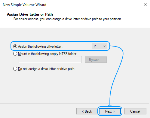 064 Configurar Windows Server 2022 Standard Evaluation - Disk Management - Disk 1 - New Simple Volume Wizard: Assign Drive Letter or Path