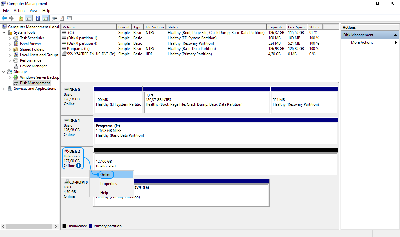 067 Configurar Windows Server 2022 Standard Evaluation - Disk Management - Set online Disk 2