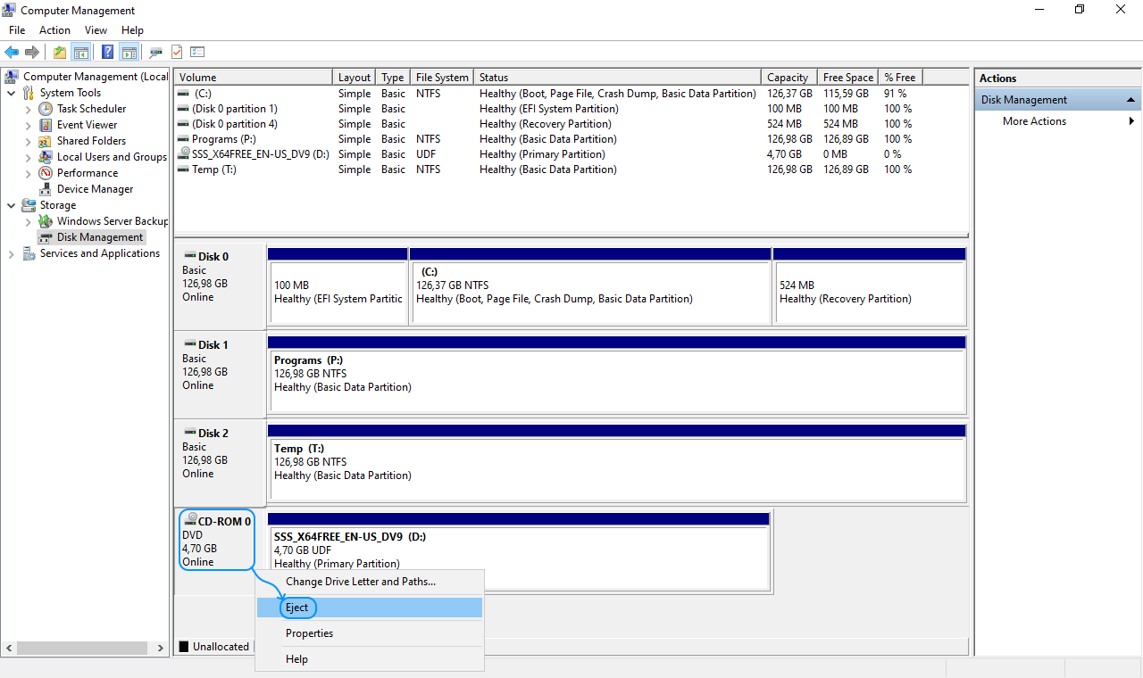 076 Configurar Windows Server 2022 Standard Evaluation - Disk Management - CD-ROM 0 - Eject