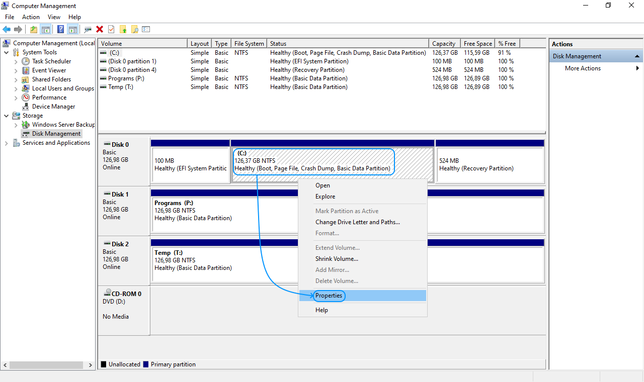 077 Configurar Windows Server 2022 Standard Evaluation - Disk Management - Disk 0 - Properties