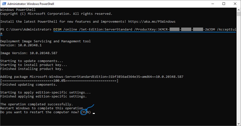 081 Configurar Windows Server 2022 Standard Evaluation - Windows Powershell - Converting the evaluation version to a retail version B