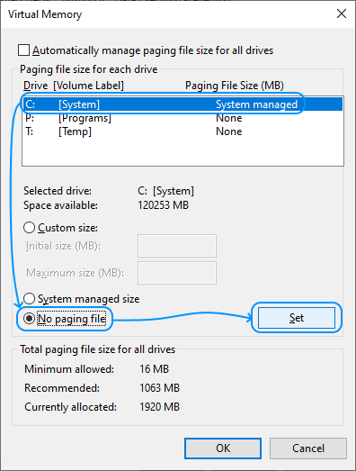 089 Configurar Windows Server 2022 Standard Edition - System Properties - Advanced - Performance Settings: Performance Options: Virtual Memory: Drive C no paging file