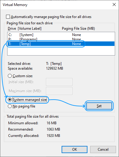 091 Configurar Windows Server 2022 Standard Edition - System Properties - Advanced - Performance Settings: Performance Options: Virtual Memory: Drive T set paging file (system managed size)