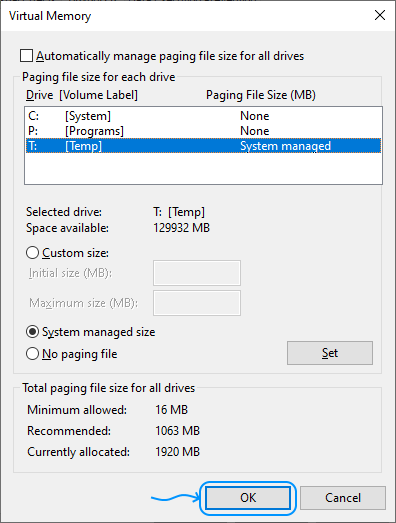 092 Configurar Windows Server 2022 Standard Edition - System Properties - Advanced - Performance Settings: Performance Options: Virtual Memory: OK