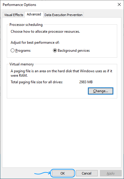 093 Configurar Windows Server 2022 Standard Edition - System Properties - Advanced - Performance Settings: Performance Options: OK