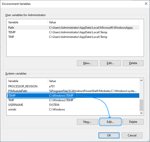 095 Configurar Windows Server 2022 Standard Edition - System Properties - Advanced - Environment Variables- System variables: Edit TEMP
