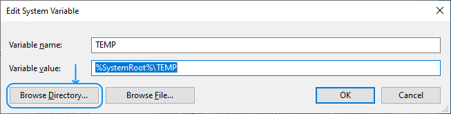 096 Configurar Windows Server 2022 Standard Edition - System Properties - Advanced - Environment Variables- System variables: Edit TEMP (Browse Directory)