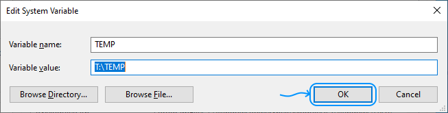 098 Configurar Windows Server 2022 Standard Edition - System Properties - Advanced - Environment Variables - System variables: Edit TEMP (OK)