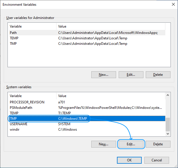099 Configurar Windows Server 2022 Standard Edition - System Properties - Advanced - Environment Variables - System variables: Edit TMP