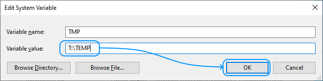 100 Configurar Windows Server 2022 Standard Edition - System Properties - Advanced - Environment Variables - System variables: Edit TMP (Set value and OK)