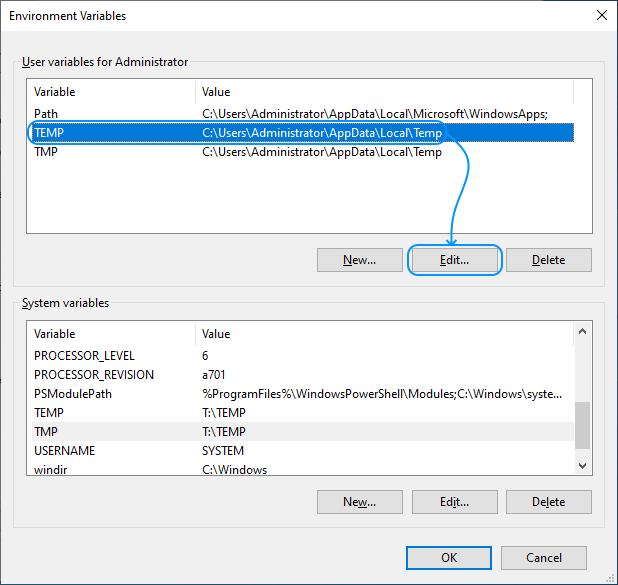 101 Configurar Windows Server 2022 Standard Edition - System Properties - Advanced - Environment Variables - Administrator variables: Edit TEMP