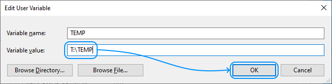 102 Configurar Windows Server 2022 Standard Edition - System Properties - Advanced - Environment Variables - Administrator variables: Edit TEMP (Set value and OK)