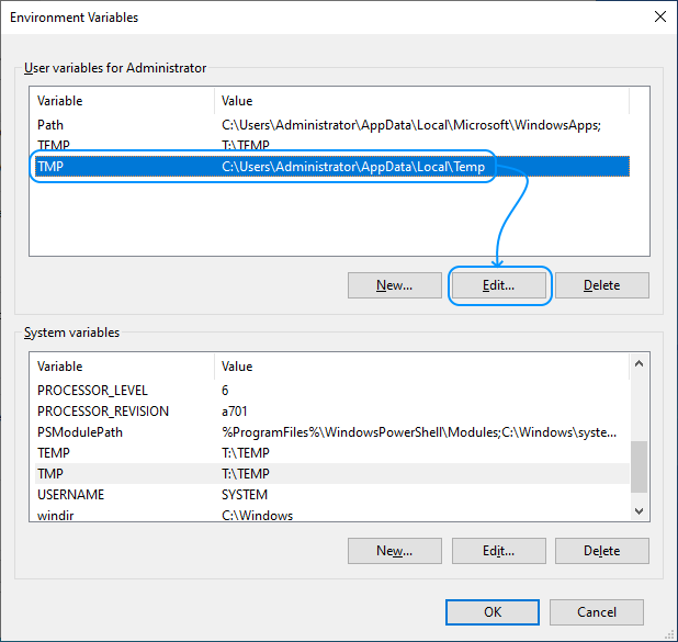 103 Configurar Windows Server 2022 Standard Edition - System Properties - Advanced - Environment Variables - Administrator variables: Edit TMP