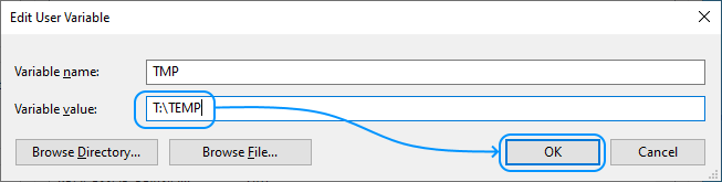 104 Configurar Windows Server 2022 Standard Edition - System Properties - Advanced - Environment Variables - Administrator variables: Edit TMP (Set value and OK)