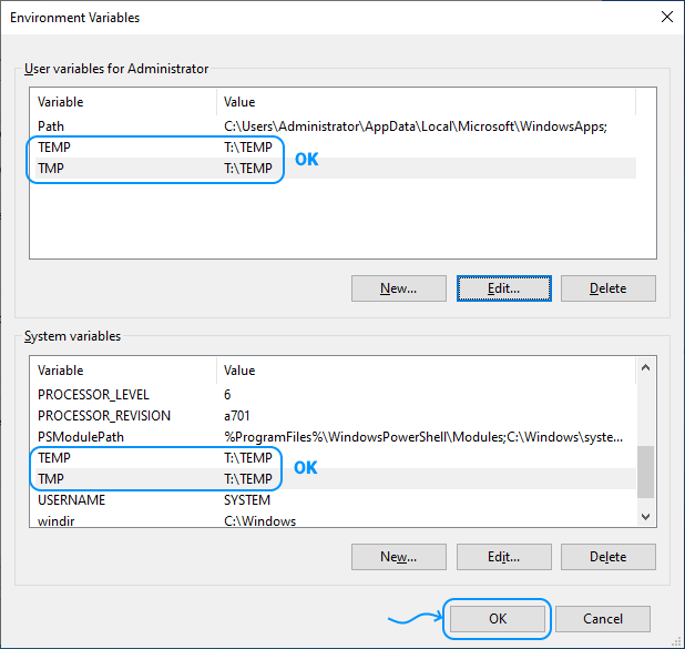 105 Configurar Windows Server 2022 Standard Edition - System Properties - Advanced - Environment Variables (OK)