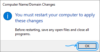 110 Configurar Windows Server 2022 Standard Edition - System Properties - Computer Name/Domain Changes: You must restart your computer to apply these changes