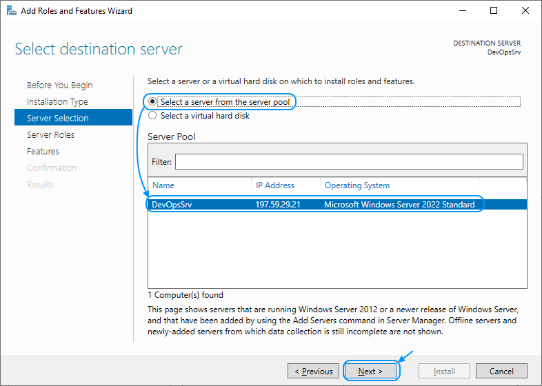 05 Enable IIS: Add Roles and Features Wizard: Select destination server