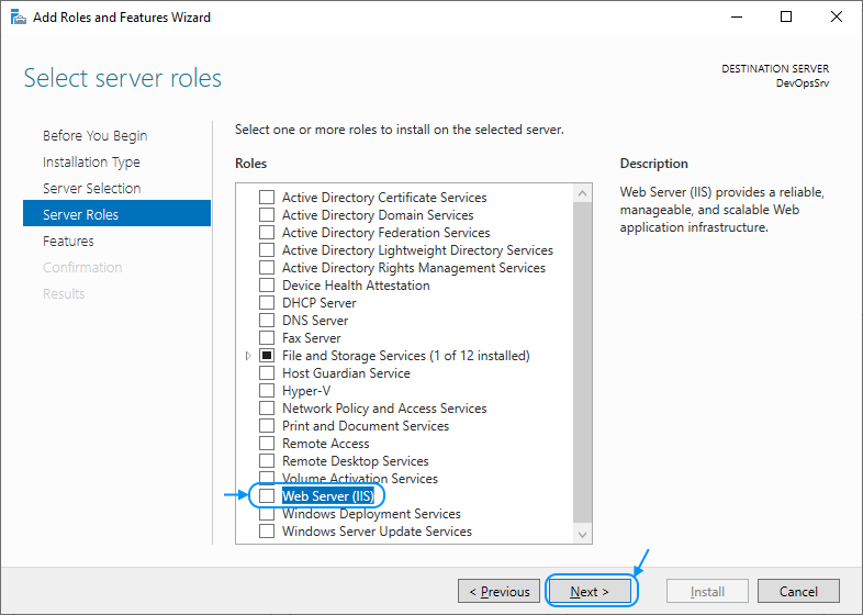 06 Enable IIS: Add Roles and Features Wizard: Select server roles