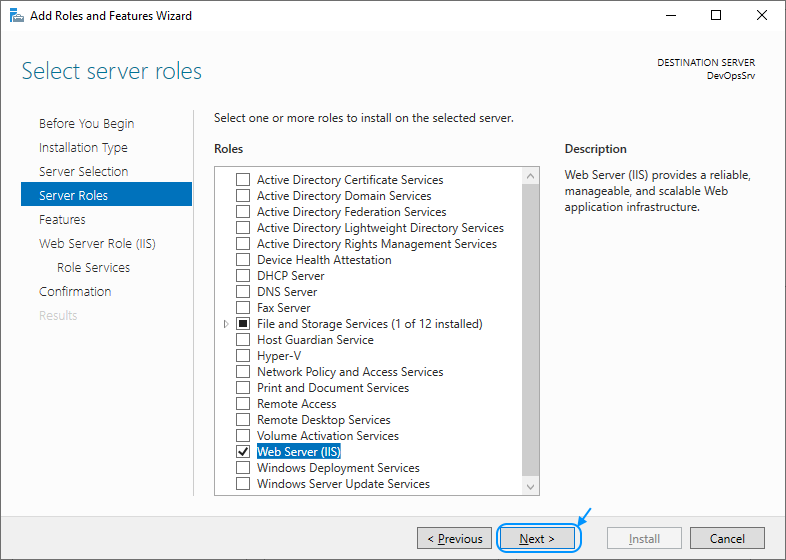 08 Enable IIS: Add Roles and Features Wizard: Select server roles (NEXT)