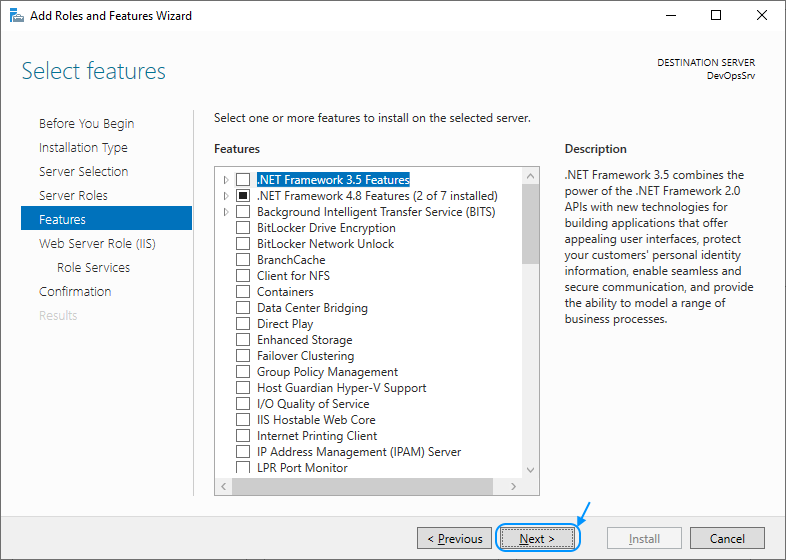 09 Enable IIS: Add Roles and Features Wizard: Select features