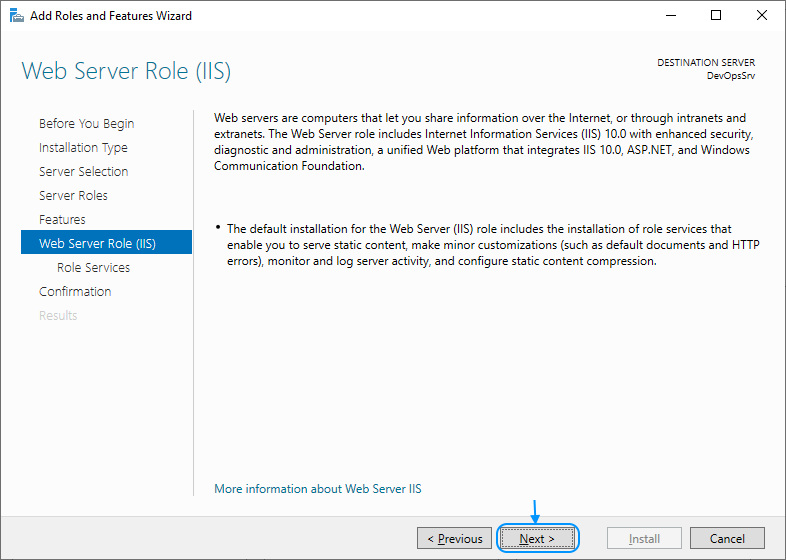 10 Enable IIS: Add Roles and Features Wizard: Web Server Role (IIS)